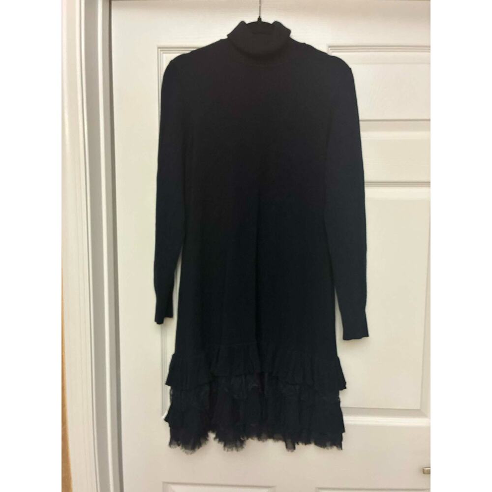 Venus Black Turtleneck Sweater Dress Lace Ruffle Hem Long Sleeve Size L